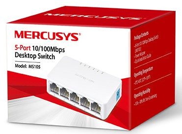 Mercusys 5-Port 10/100Mbps Desktop Switch with five Ethernet ports.