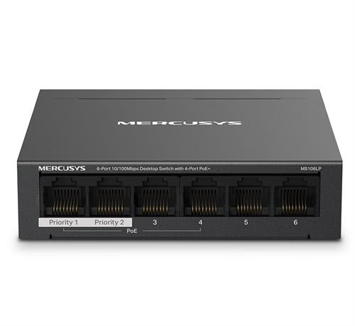 Mercusys MS106LP 6-Port Desktop Switch with 4 PoE+ ports and RJ45 connections.
