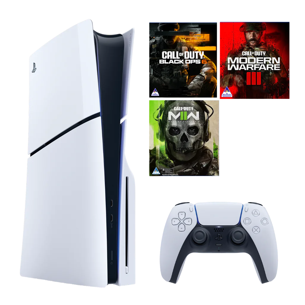 Sony PS5 Console with one controller and Call of Duty bundle, showcasing sleek design and game titles.