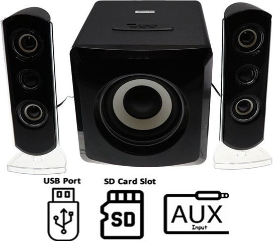 AudioMate 2 Channel and Subwoofer Stereo Speaker System with blue LED lighting.