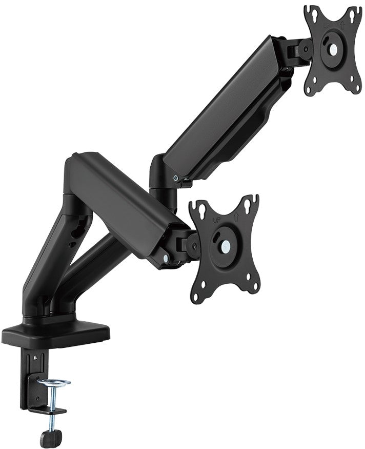 Unimount Spring-Assisted Dual Arm Monitor Stand with cable management and tilting design.