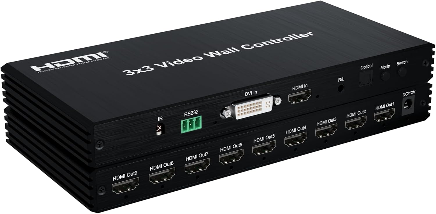 UniQue 3x3 HDMI Video Wall Controller with 9 HDMI outputs and 1080P resolution.
