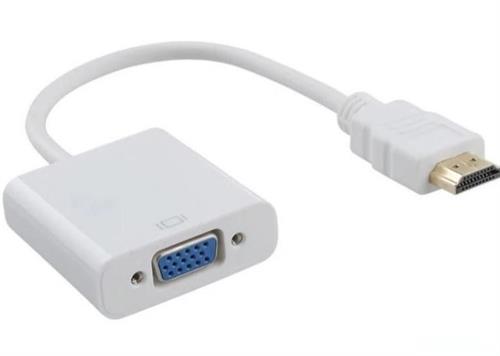 UniQue HDMI to VGA adapter cable connecting a laptop to a VGA monitor.