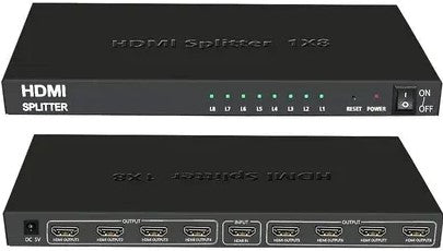 UniQue 4K x 2K Ultra HD 8 Port HDMI Splitter with 8 outputs and LED indicators.