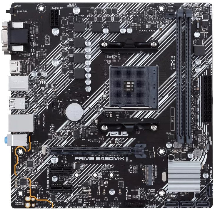 Asus Prime B450M-K II motherboard with AM4 socket, 2 DIMM slots, and multiple connectivity options.