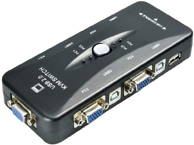 UniQue 4 Port VGA KVM Manual USB Switch with button and LED indicators.