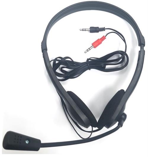 UniQue Stereo Headphones in black with a flexible microphone, showcasing soft sponge ear pads and dual connectors.