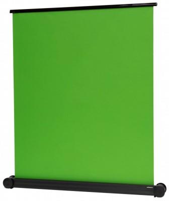 Esquire Pull Up 150x180cm Chroma Key Green Screen in sturdy housing with handles and wheels for easy transport.