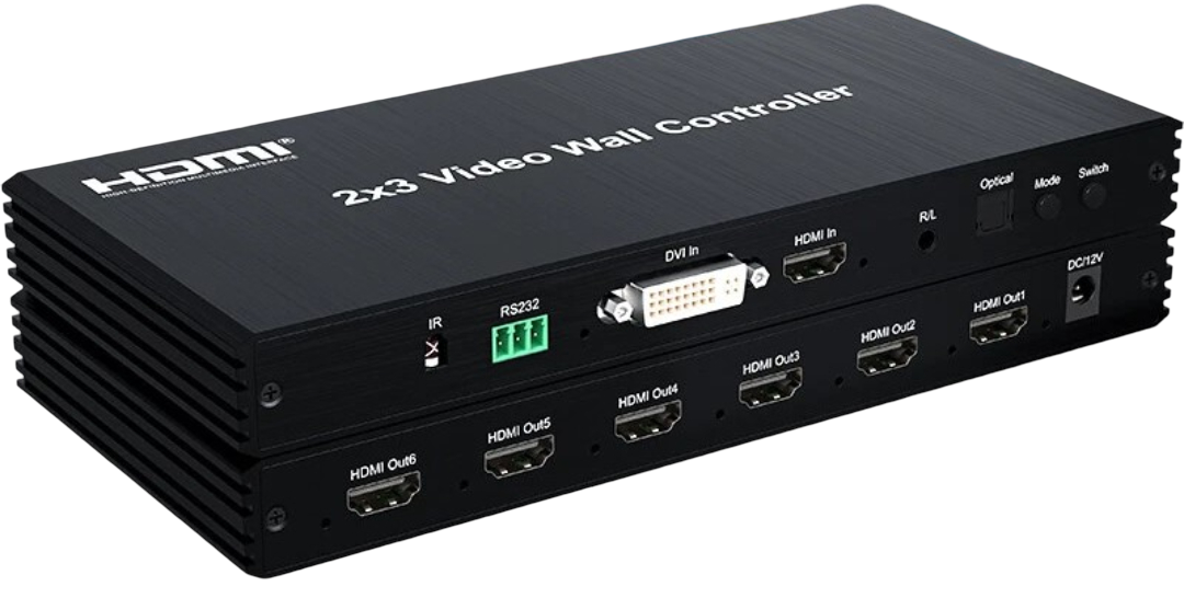 UniQue 2x3 HDMI Video Wall Controller with 6 HDMI outputs and DVI input.