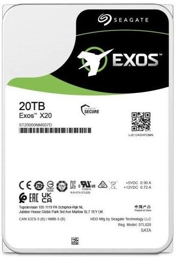 Seagate Exos X20 20TB SATA hard drive with 7200 RPM and 285 MB/s transfer rate.