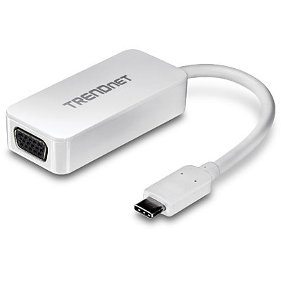 TrendNet USB Type C to VGA HDTV Adapter connecting to a monitor.