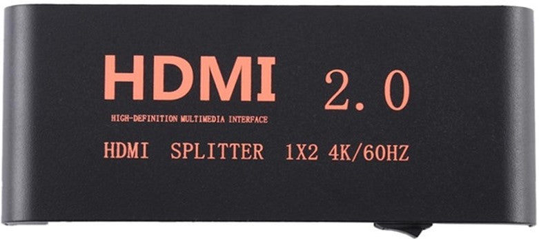 UniQue 4K Metal HDMI Splitter with 1 input and 2 output ports displayed on a white background.
