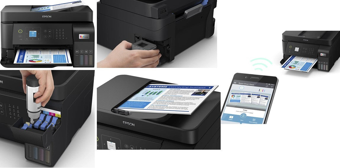 Epson EcoTank L5590 printer with A4 printing, 15ppm speed, and Wi-Fi connectivity.