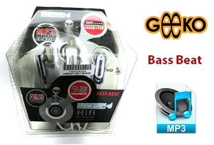 Geeko silver and blue in-ear earphones with volume control and 3.5mm connector.