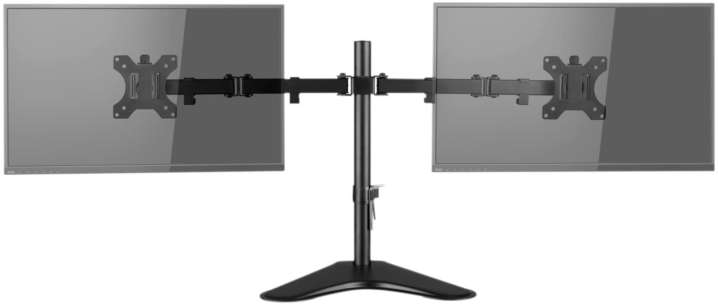 Unimount Dual Arm Monitor Stand with free tilting and swiveling arms for dual monitors.