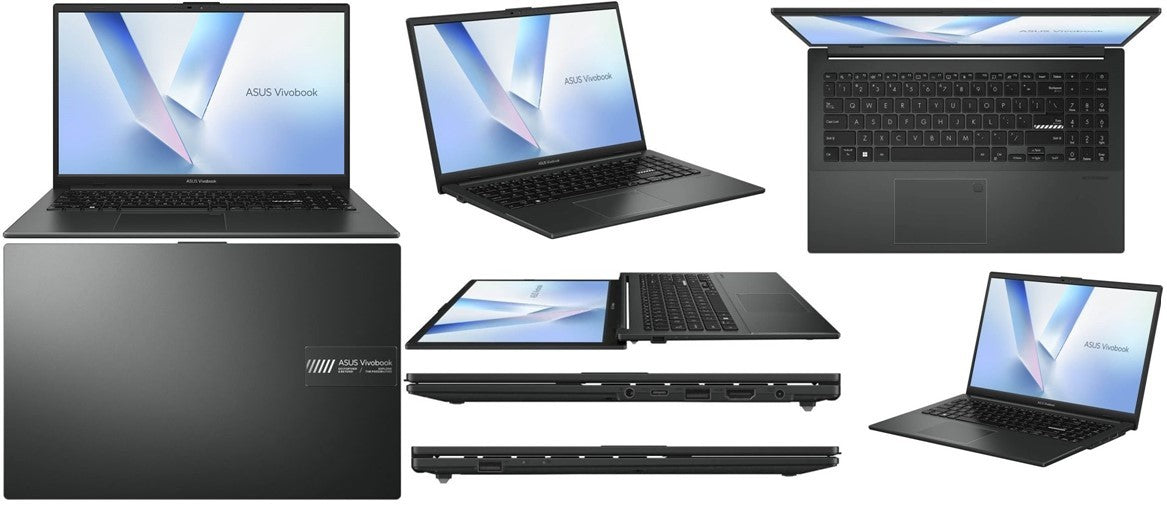 Asus Vivobook Go E1504FA laptop featuring a 15.6-inch FHD display and AMD Ryzen 3 processor, showcasing its sleek design and ports.