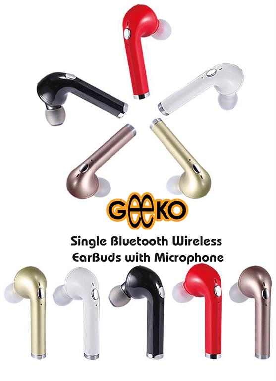 Geeko Single Bluetooth Wireless EarBuds in gold with a built-in microphone and ergonomic design.