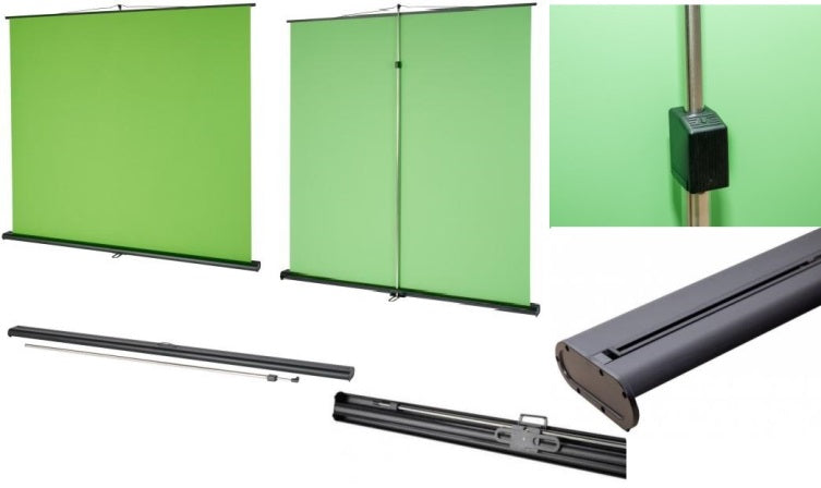 Esquire Pull Up 150x200cm Chroma Key Green Screen in a stable housing.