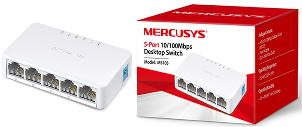Mercusys 5-Port 10/100Mbps Desktop Switch with five Ethernet ports.