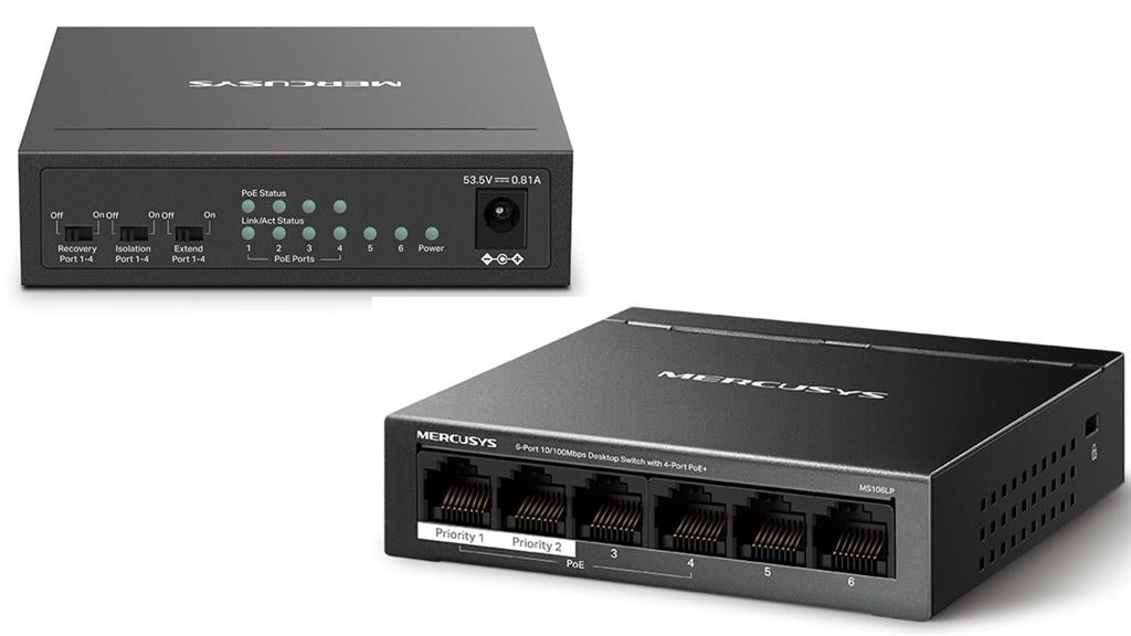 Mercusys MS106LP 6-Port Desktop Switch with 4 PoE+ ports and RJ45 connections.