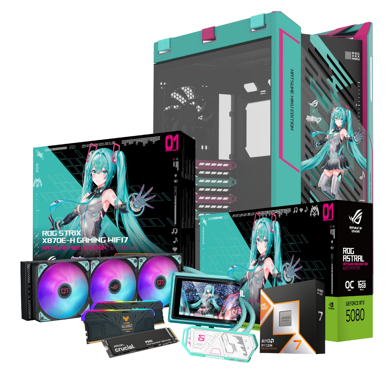 PCBuilder Ryzen 7 9800X3D ASUS X MIKU Gaming PC | RTX 5080 16GB | 32GB DDR5 | 2TB NVMe SSD | Win 11