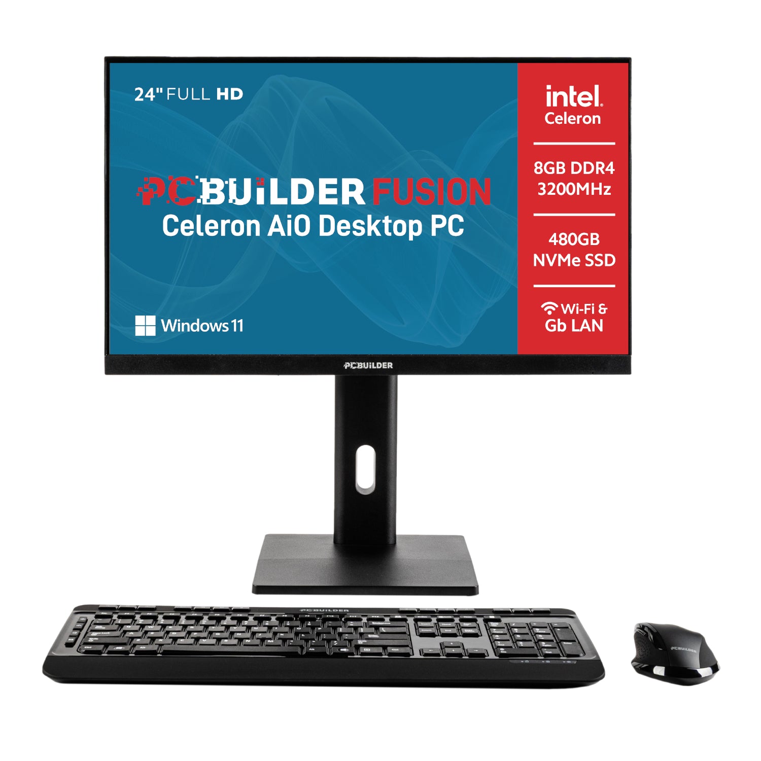 PCBuilder FUSION 24" AiO Desktop PC | Intel Celeron G6900 | 8GB RAM | 480GB SSD | Intel UHD Graphics | Win 11