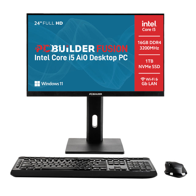 PCBuilder FUSION 24″ AiO Desktop PC | Intel Core i5-14400 | 16GB RAM | 1TB NVMe SSD | Intel UHD GPU | Win 11
