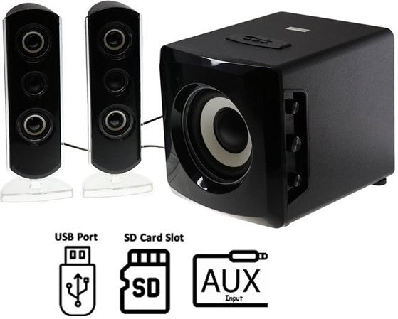 AudioMate 2 Channel and Subwoofer Stereo Speaker System with blue LED lighting.