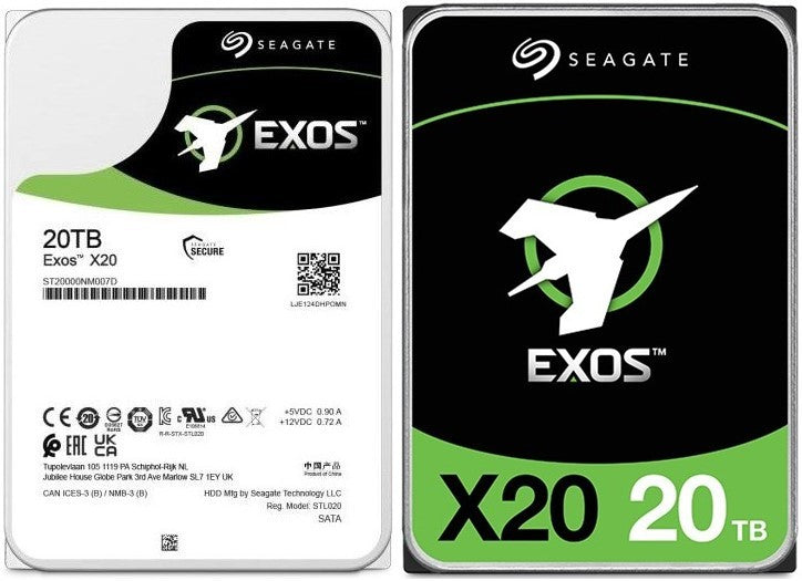 Seagate Exos X20 20TB SATA hard drive with 7200 RPM and 285 MB/s transfer rate.