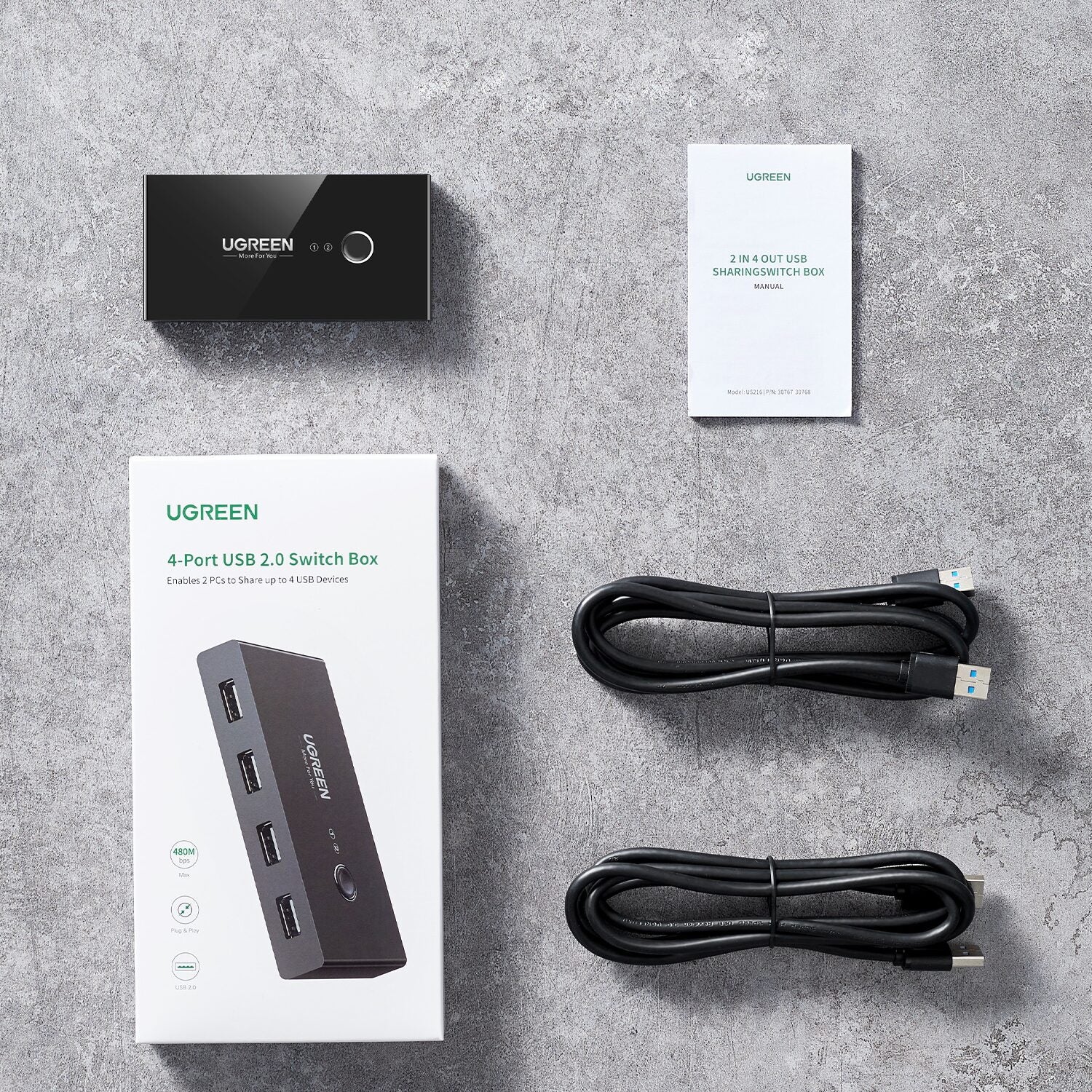 UGREEN USB 2.0 4-Port Switch Box, with 1.5m USB Cables