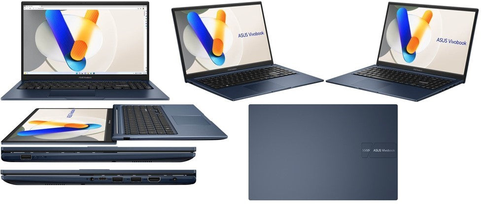 Asus Vivobook 15 X1504 laptop showcasing Quiet Blue design, 15.6-inch display, and ports.