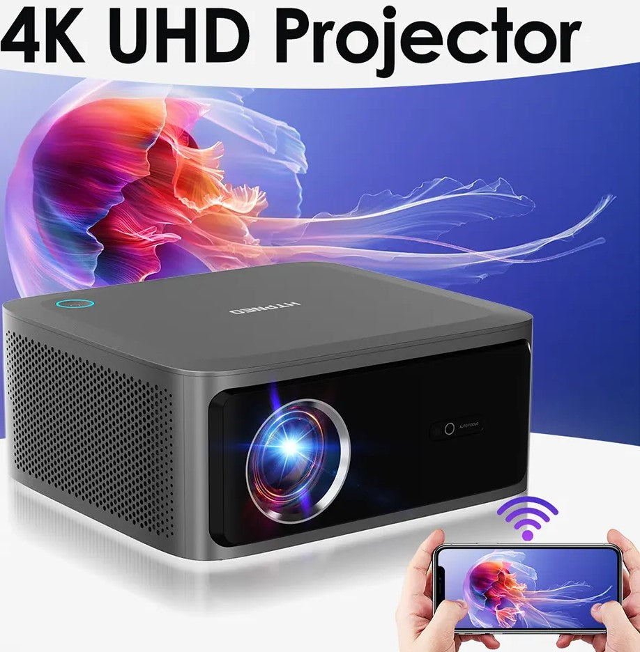 HTPNEO H86 Multimedia Smart Streaming Projector with 700 ANSI lumens brightness.