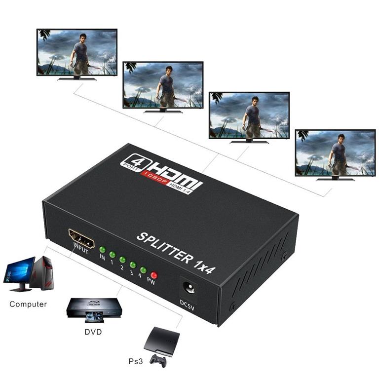 UniQue 4K Ultra HD 4 Port HDMI Splitter with 1 input and 4 outputs.