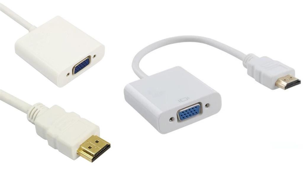 UniQue HDMI to VGA adapter cable connecting a laptop to a VGA monitor.