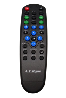 AC Ryan remote for PV73500 featuring a complete set of control buttons for multimedia devices