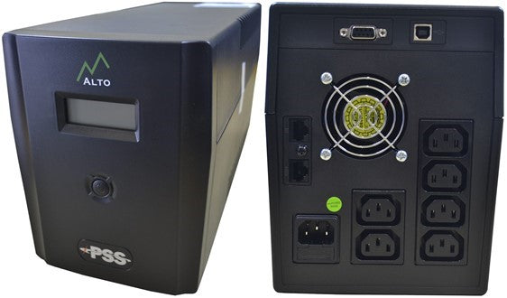 AP Series 2400VA UPS black unit showing front LCD and power button with rear outlets fan and ports