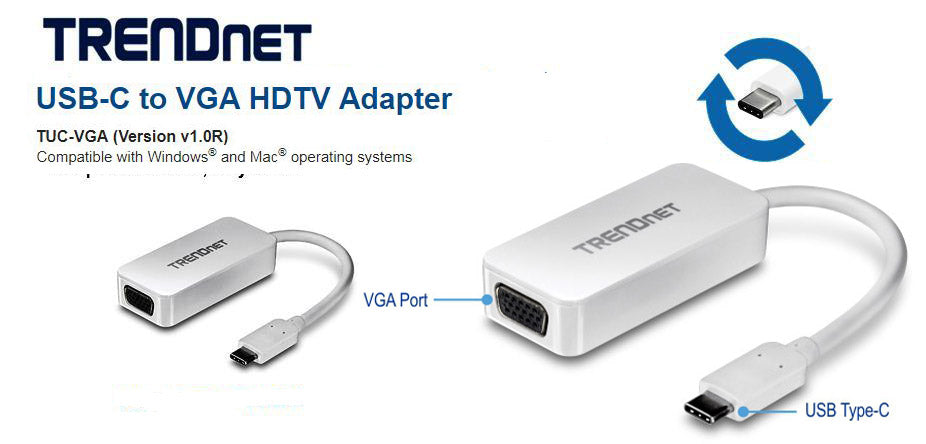 TrendNet USB Type C to VGA HDTV Adapter connecting to a monitor.