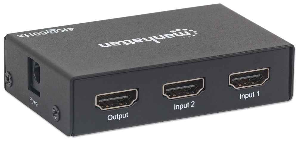 Manhattan 4K 2-Port HDMI Switch with remote control and HDMI connections.