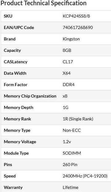 Kingston 8GB DDR4 2400MHz SODIMM laptop memory module in retail packaging.