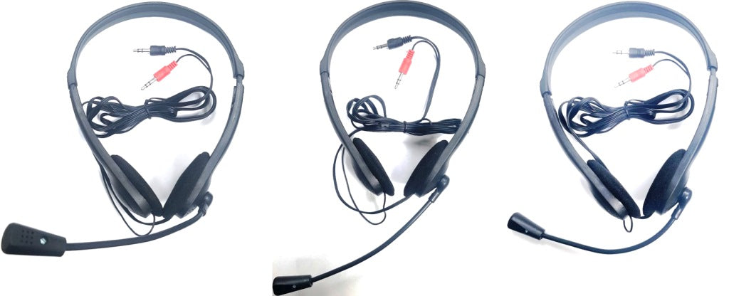 UniQue Stereo Headphones in black with a flexible microphone, showcasing soft sponge ear pads and dual connectors.