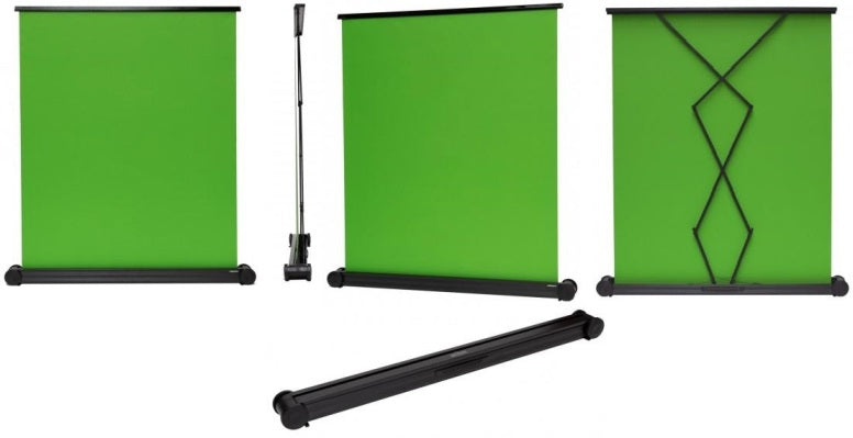 Esquire Pull Up 150x180cm Chroma Key Green Screen in sturdy housing with handles and wheels for easy transport.