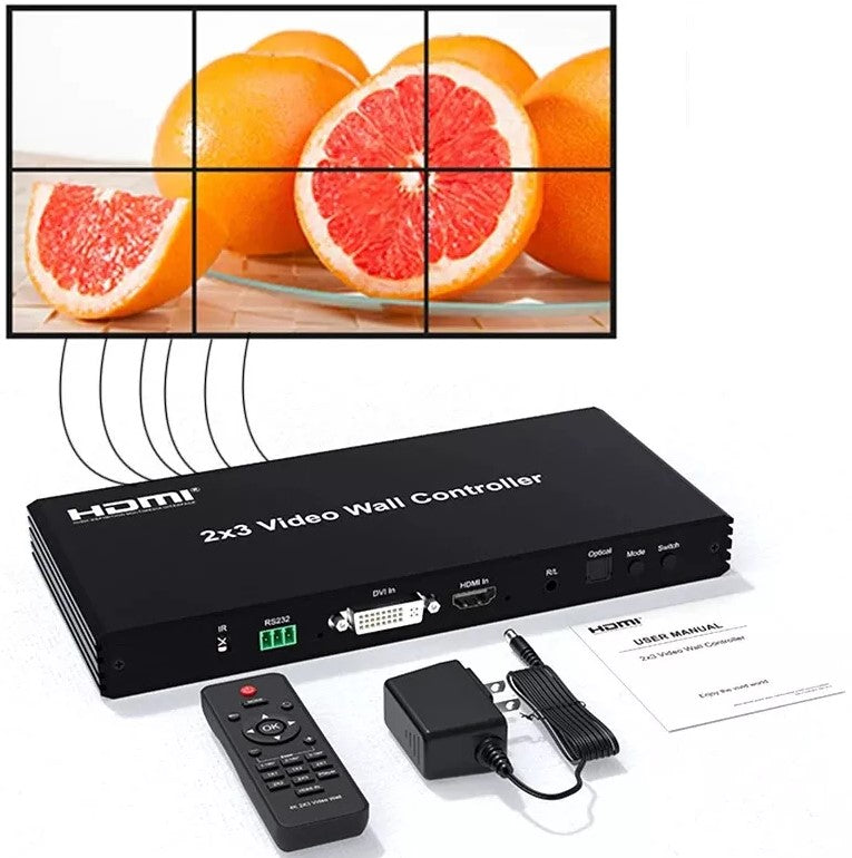 UniQue 2x3 HDMI Video Wall Controller with 6 HDMI outputs and DVI input.