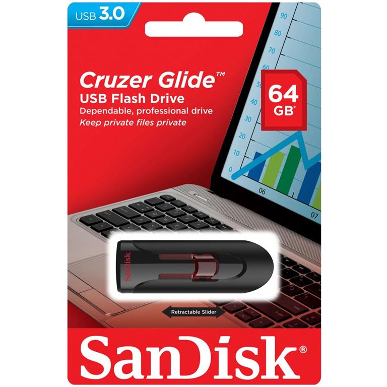 Sandisk Cruzer Glide 64GB USB 3.0 Flash Drive with retractable design and secure access software.